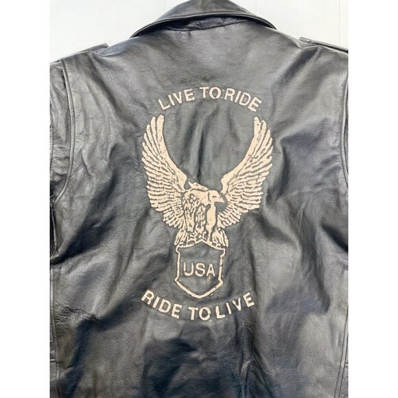 Vintage 90s-y2K Leather Biker Jacket w/Eagle "Live to Ride" Black Zip Out Liner‎ - Picture 5 of 16